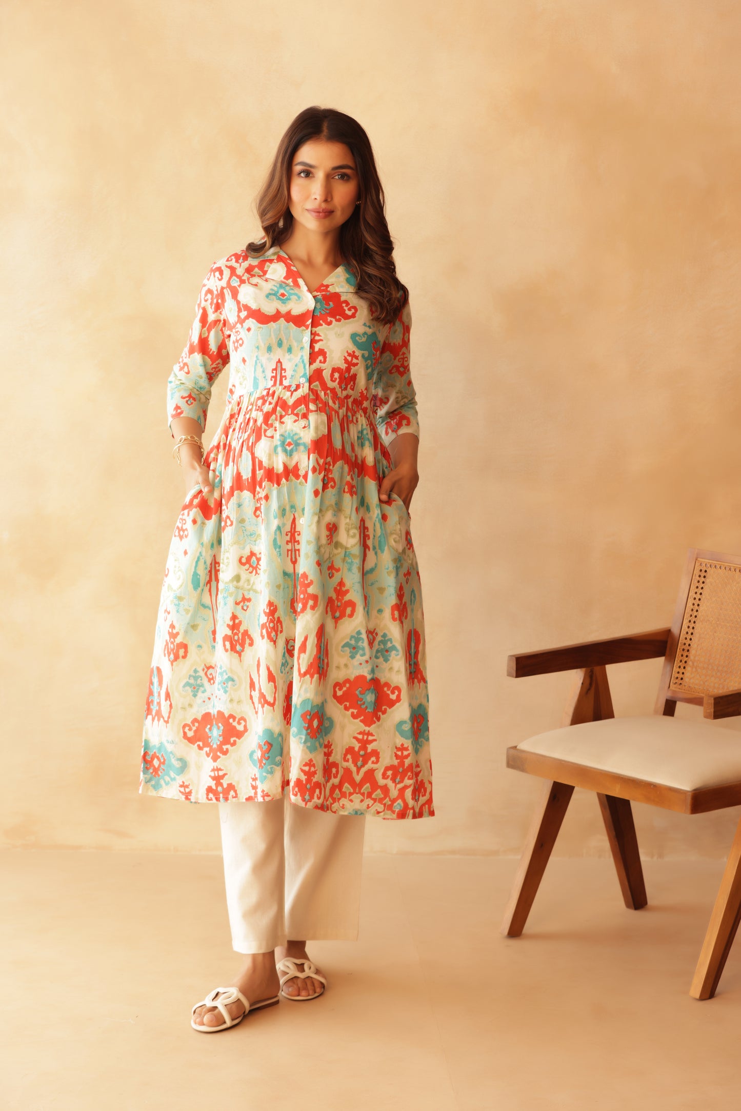 Aqua Coral Ikkat Lagoon Maternity & Nursing Kurta