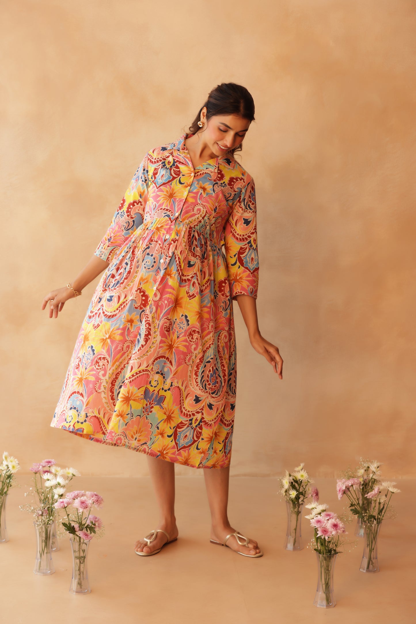 Gulabi Gulmohar Buttoned Maternity & Nursing Dress