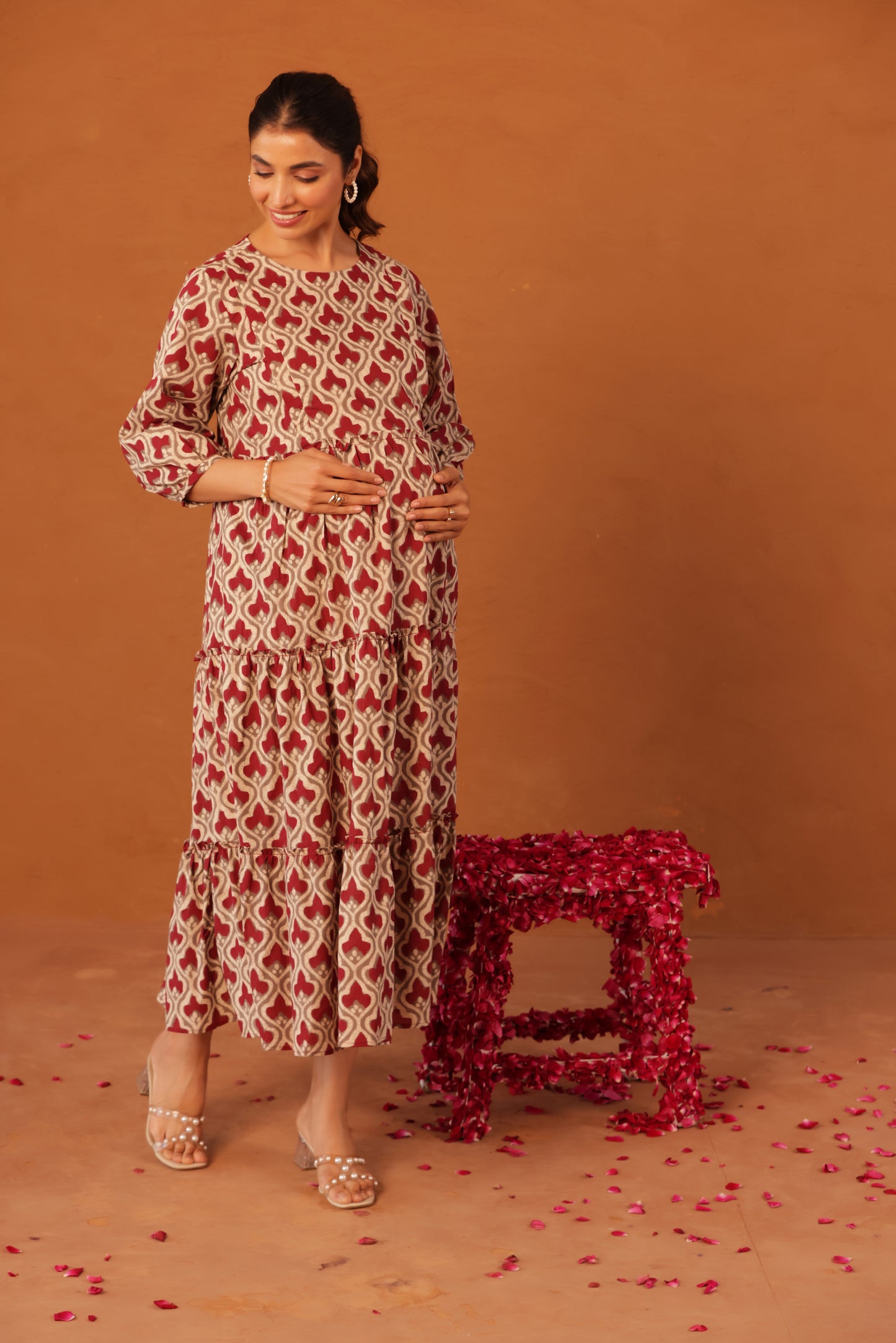 Muted Maroon Bloom Maternity & Nursing Tier Dress