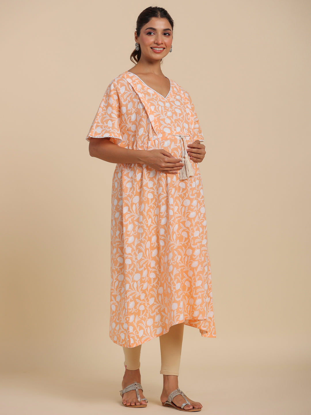 Peachy Floral Harmony Maternity & Nursing Kaftan Kurta
