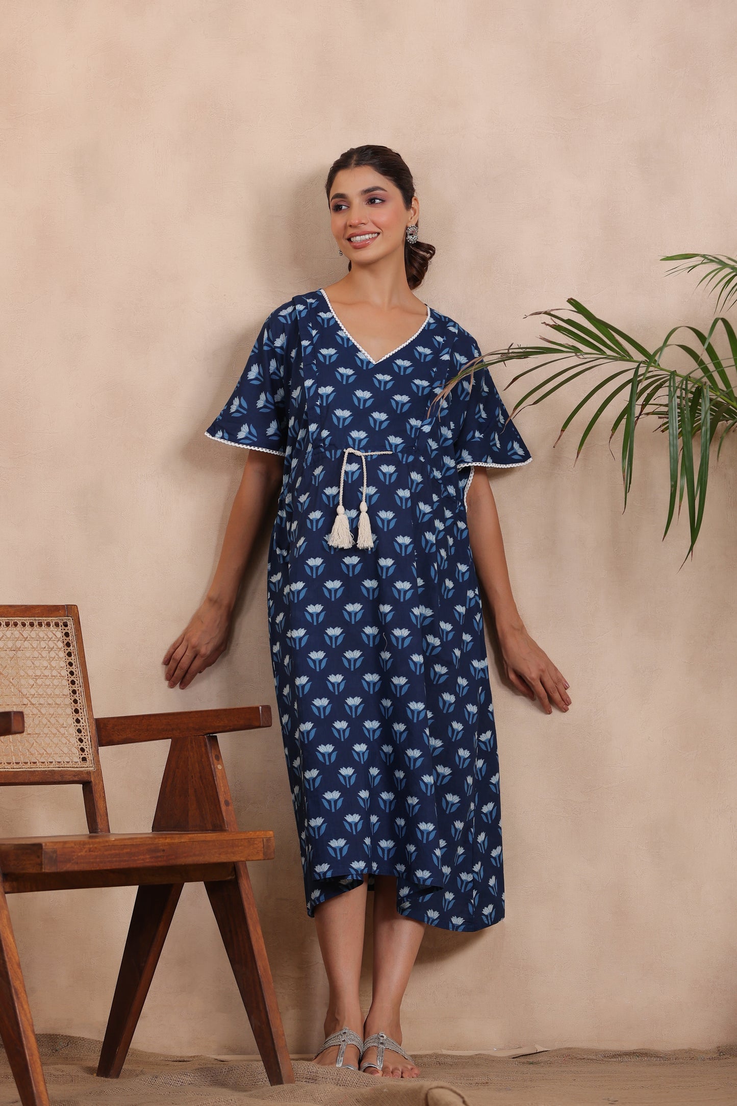 Dainty Florals On Indigo Maternity & Nursing Kaftan Dress