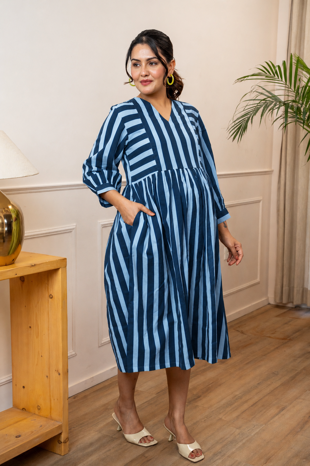 Azure Tide Stripeplay Maternity & Nursing Dress