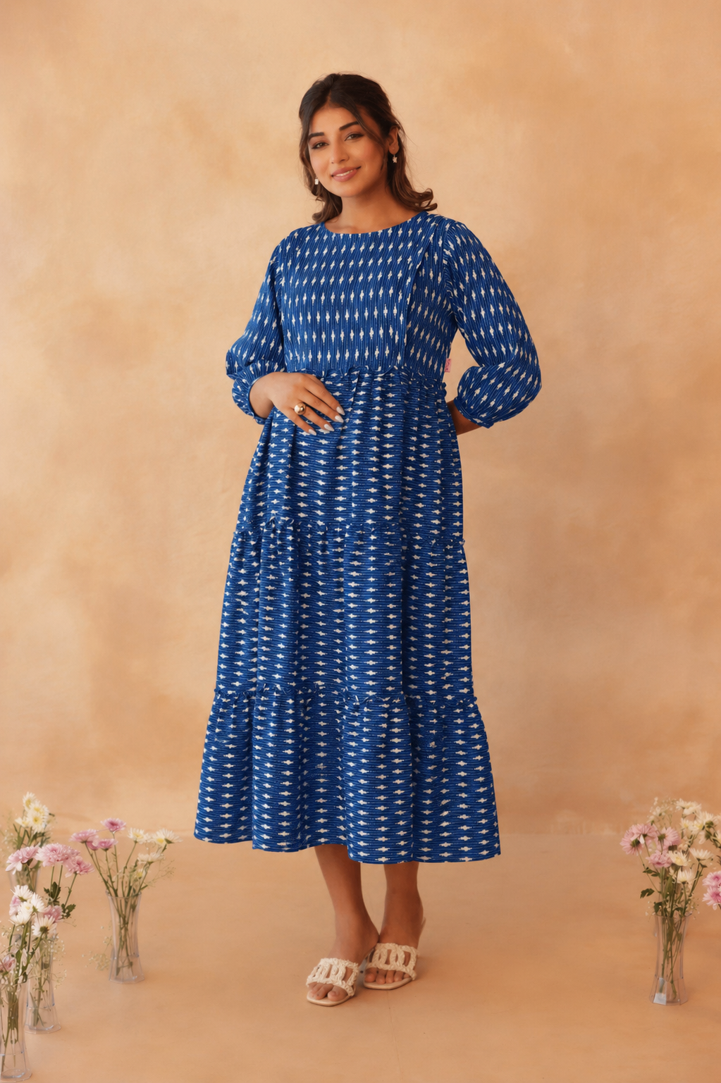 Indigo Ikkat Trail Maternity & Nursing Tier Dress