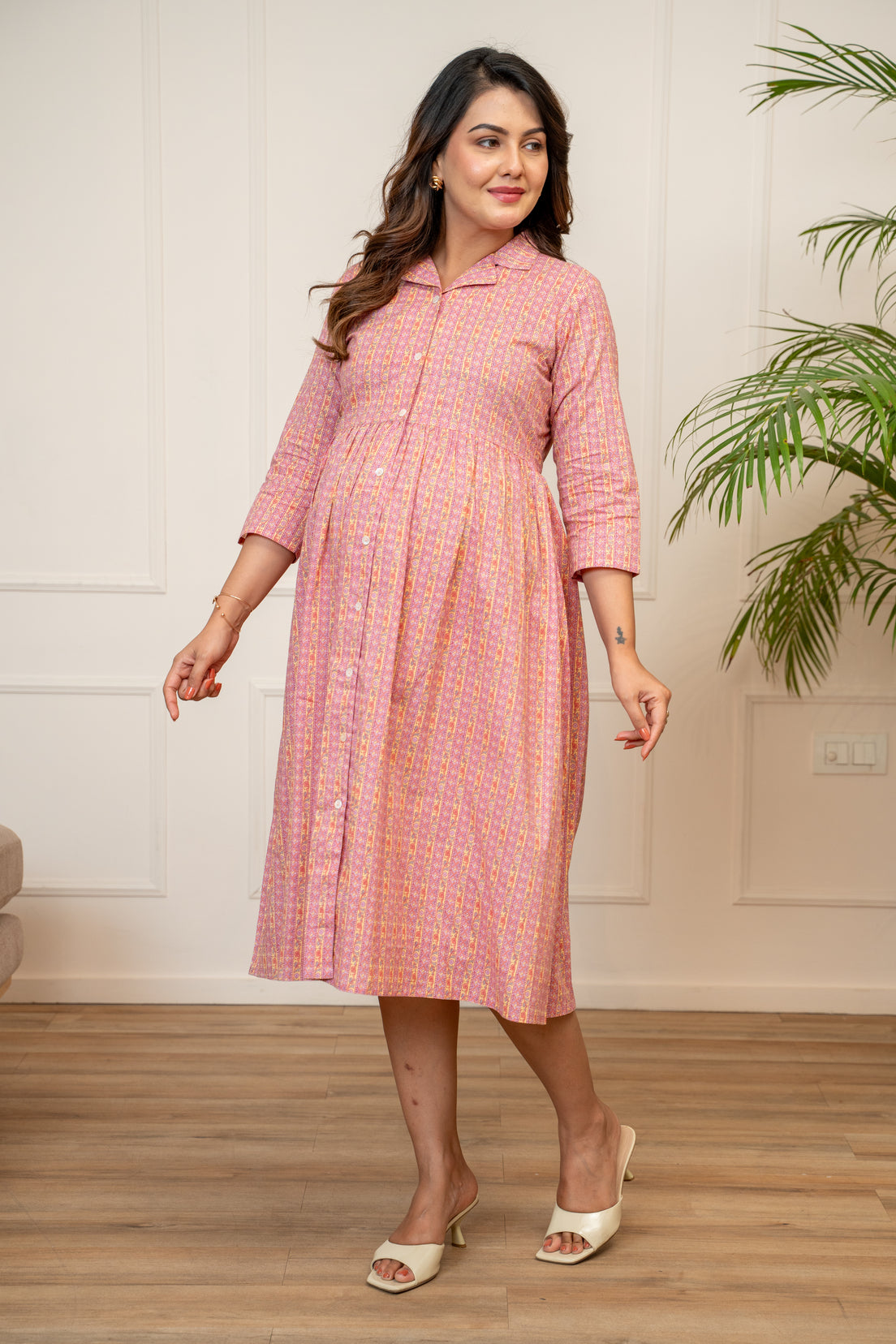 Gulabi Vintage Stripe Buttoned Cotton Maternity & Nursing Dress