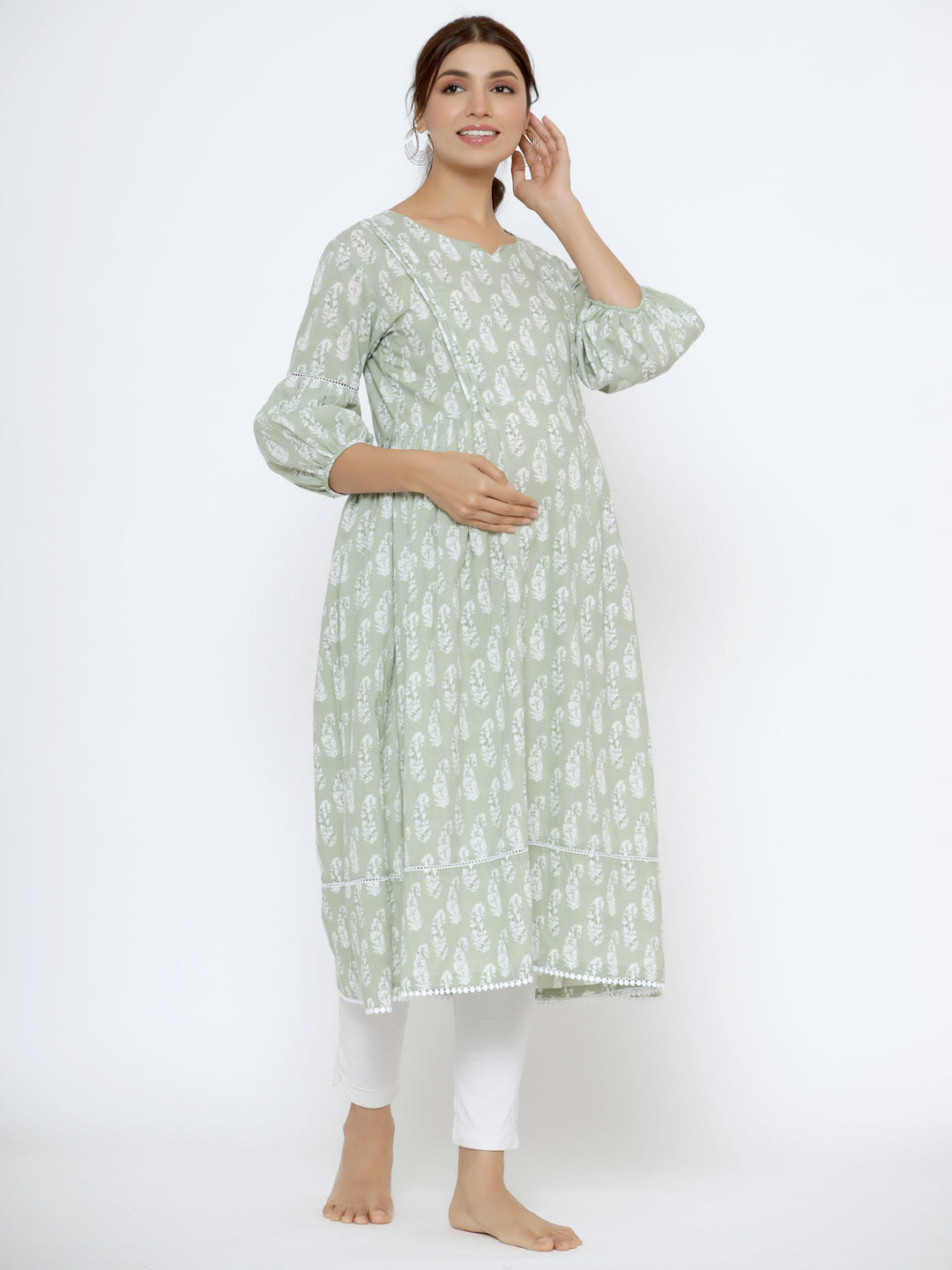 Paisley Charm On Light Green Maternity & Nursing Kurta