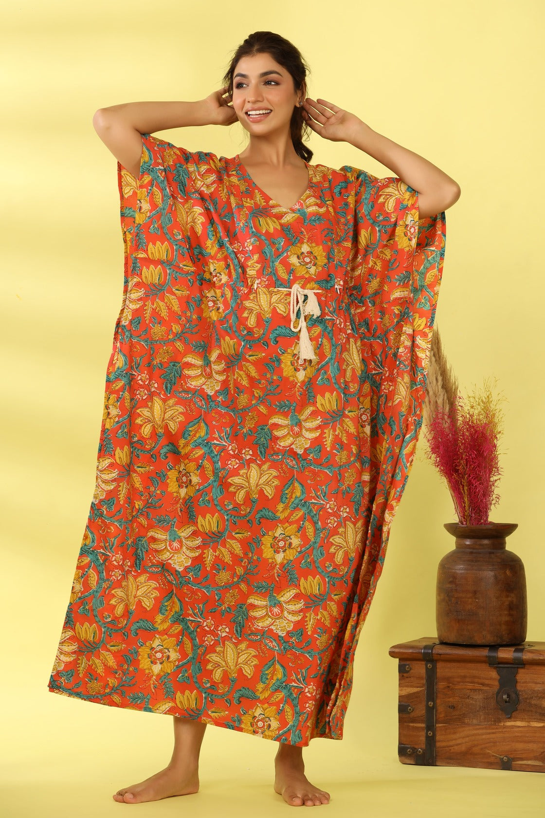 Gulmohar On Orange Maternity & Nursing Kaftan