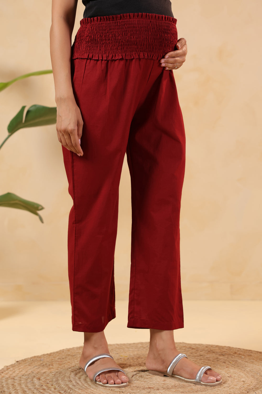 Ruby Maroon Cotton High Rise Maternity Pant
