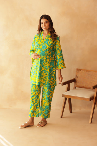 Teal Fleur on Yellow Maternity & Nursing Co-ord Set