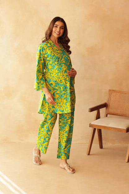 Teal Fleur on Yellow Maternity & Nursing Co-ord Set