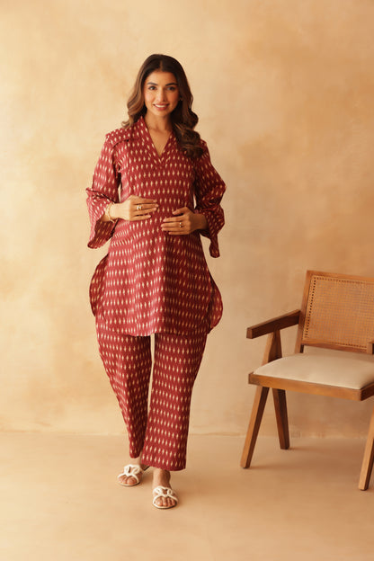 Crimson Ikkat Trail Maternity & Nursing Co-ord Set