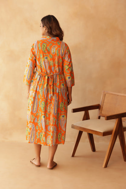 Tangerine Paisley Buttoned Maternity & Nursing Dress