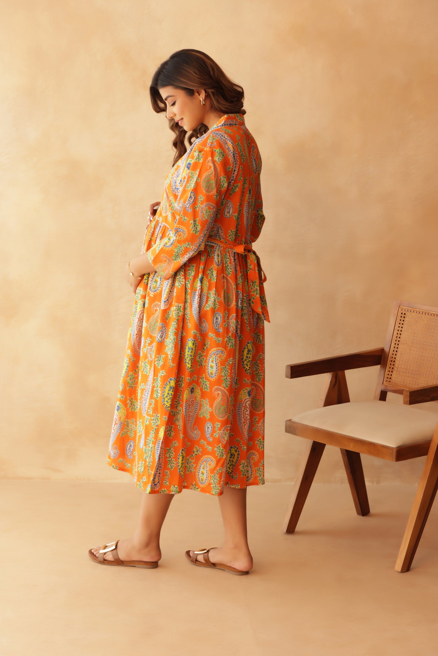 Tangerine Paisley Buttoned Maternity & Nursing Dress