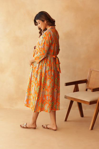 Tangerine Paisley Buttoned Maternity & Nursing Dress