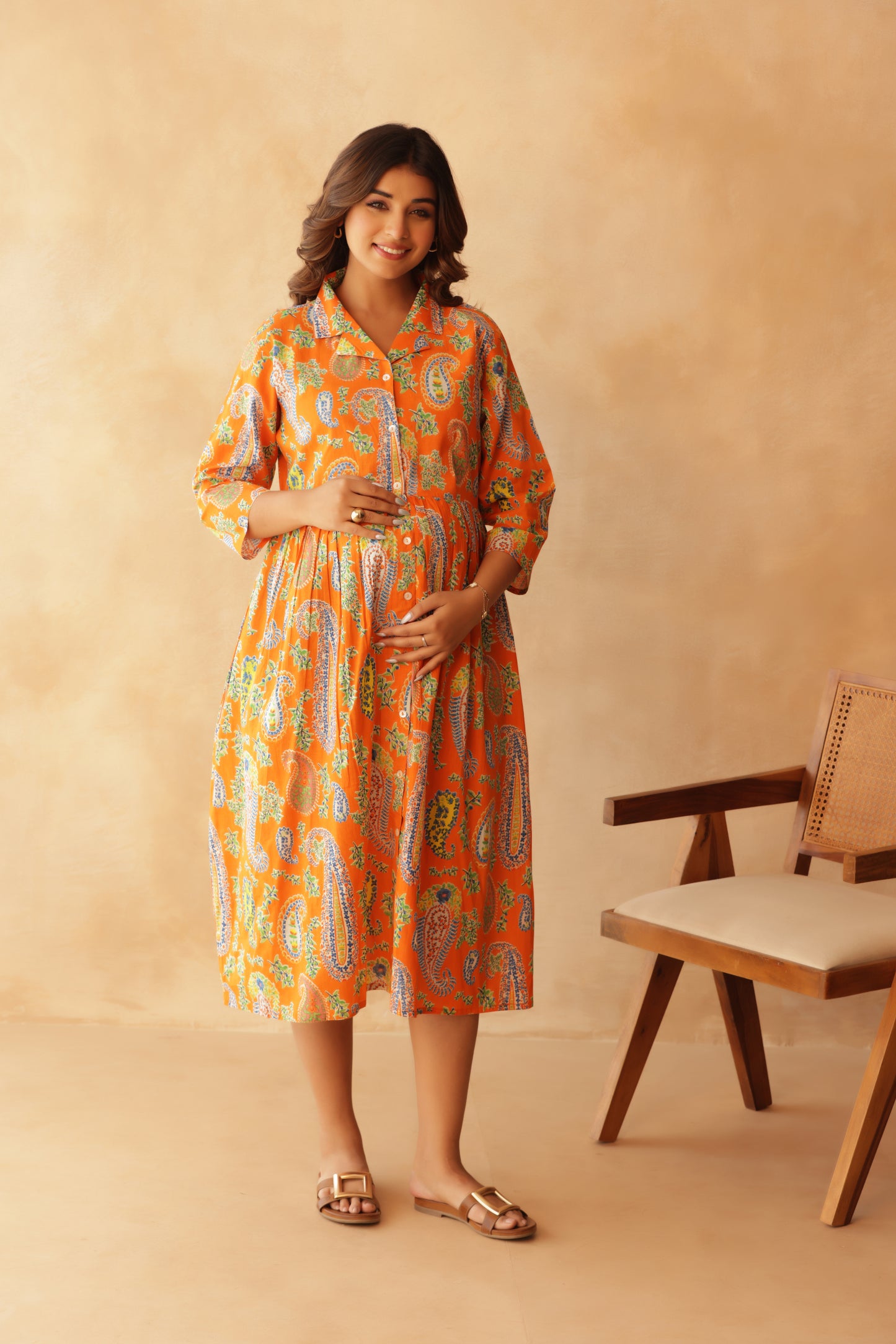 Tangerine Paisley Buttoned Maternity & Nursing Dress
