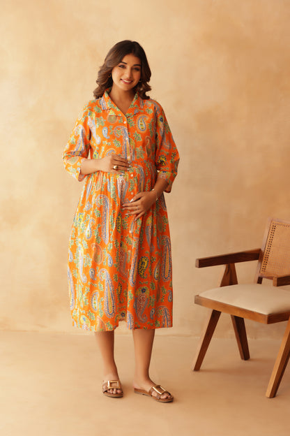 Tangerine Paisley Buttoned Maternity & Nursing Dress