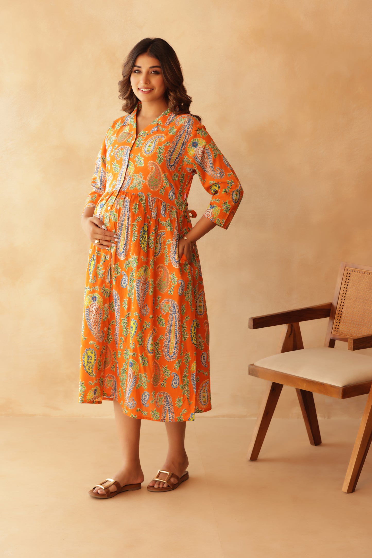 Tangerine Paisley Buttoned Maternity & Nursing Dress