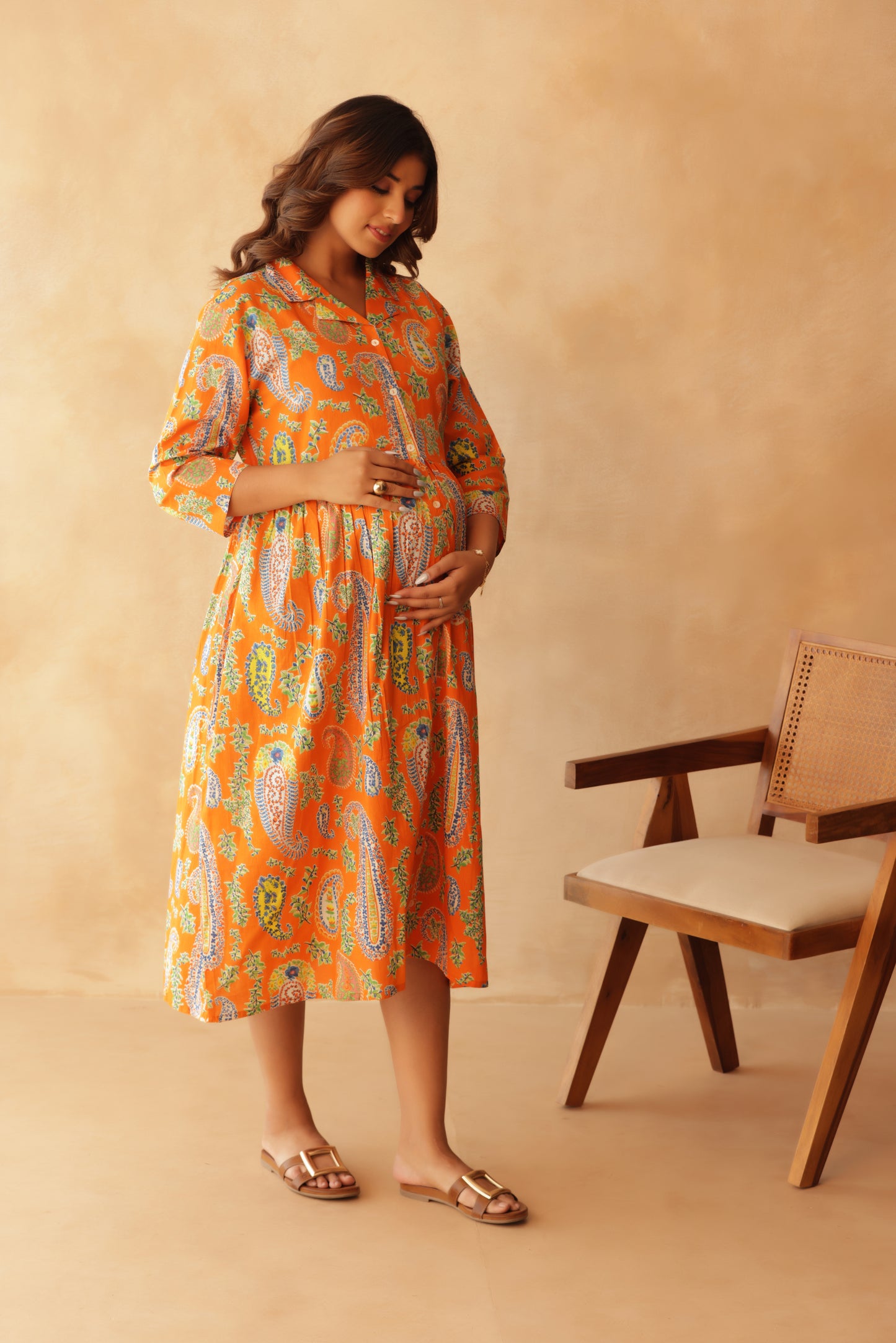 Tangerine Paisley Buttoned Maternity & Nursing Dress