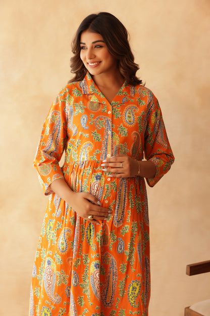 Tangerine Paisley Buttoned Maternity & Nursing Dress