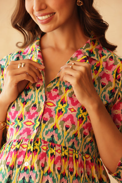 Kaleido Ikkat Buttoned Maternity & Nursing Kurta