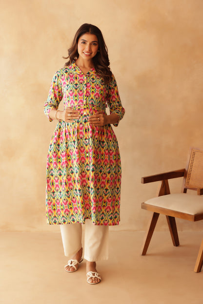 Kaleido Ikkat Buttoned Maternity & Nursing Kurta