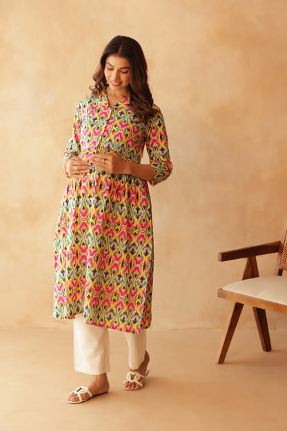 Kaleido Ikkat Buttoned Maternity & Nursing Kurta