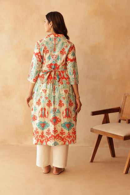 Aqua Coral Ikkat Lagoon Maternity & Nursing Kurta