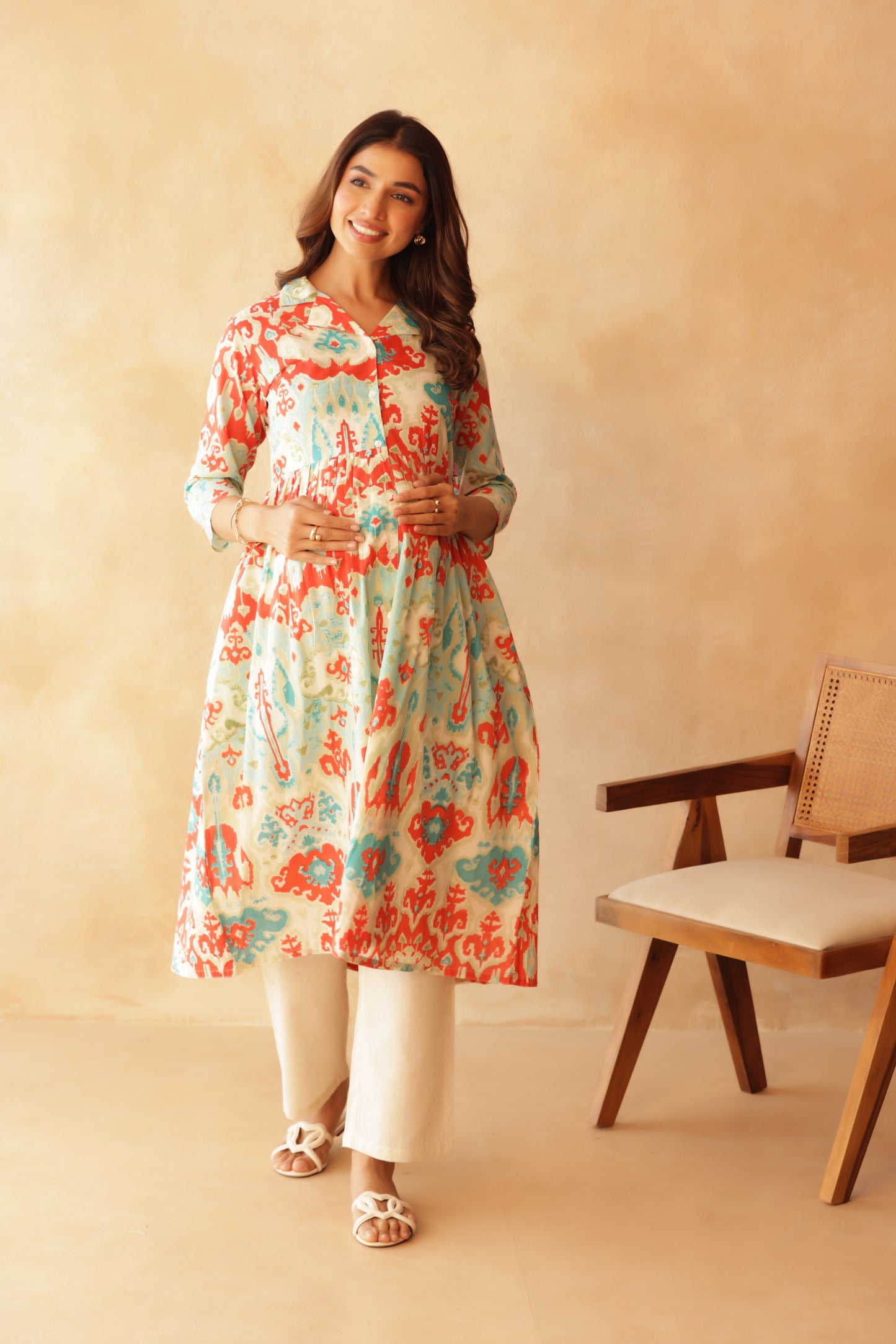 Aqua Coral Ikkat Lagoon Maternity & Nursing Kurta