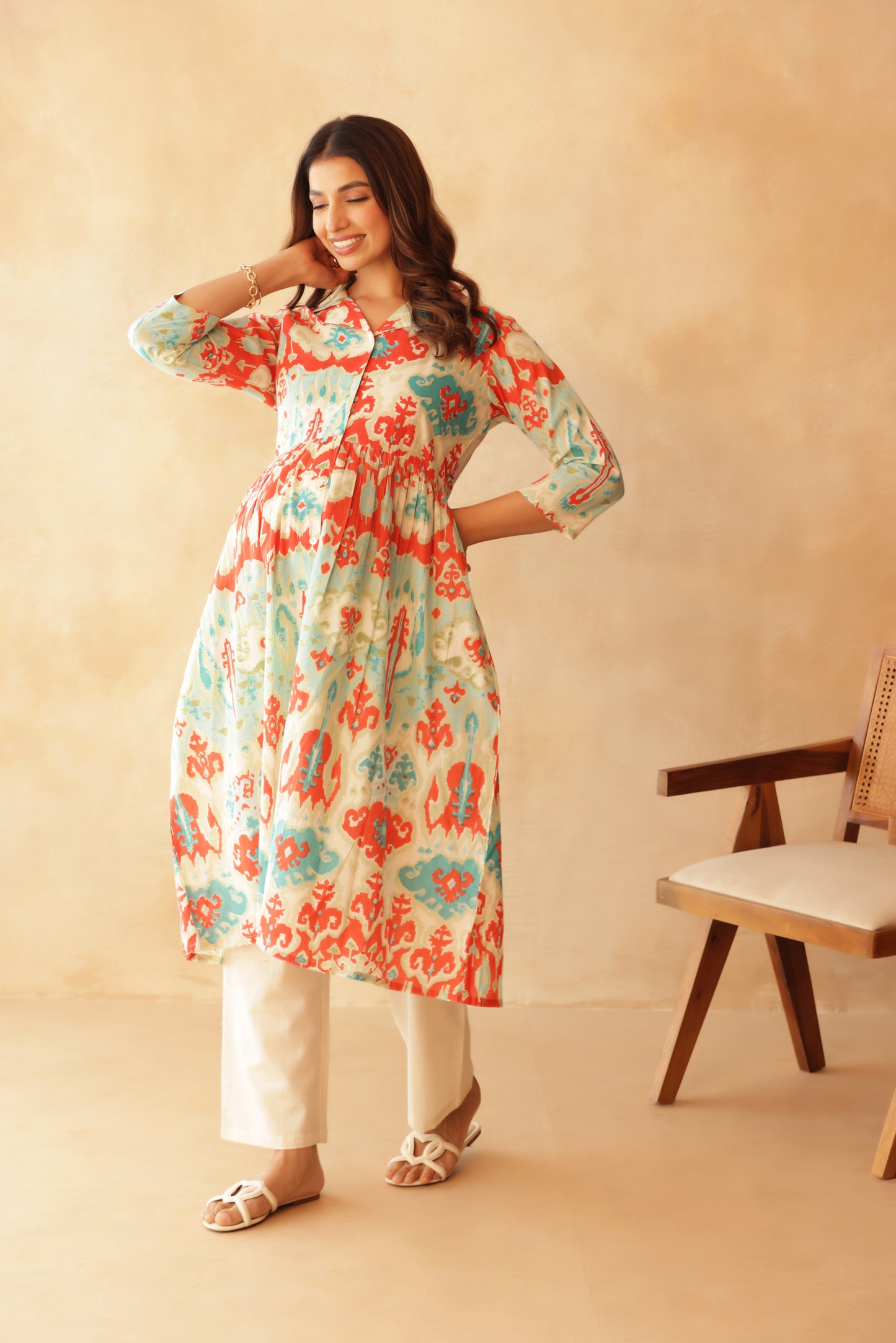 Aqua Coral Ikkat Lagoon Maternity & Nursing Kurta