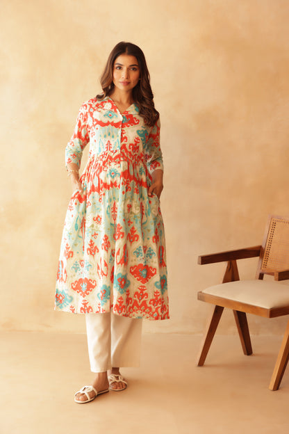 Aqua Coral Ikkat Lagoon Maternity & Nursing Kurta