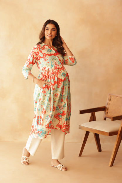 Aqua Coral Ikkat Lagoon Maternity & Nursing Kurta