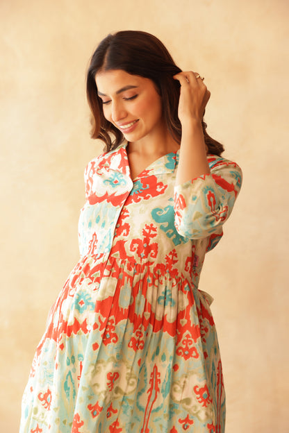 Aqua Coral Ikkat Lagoon Buttoned Maternity & Nursing Dress