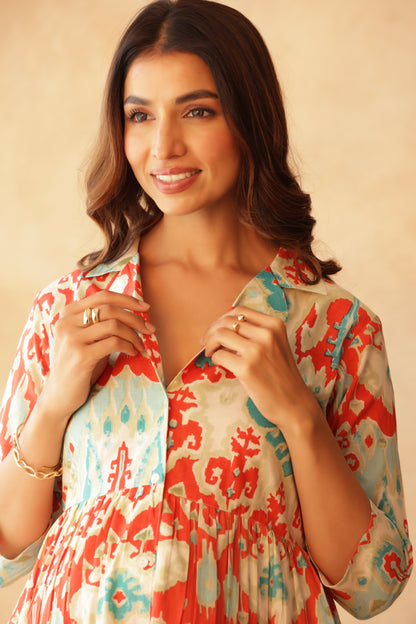 Aqua Coral Ikkat Lagoon Maternity & Nursing Kurta