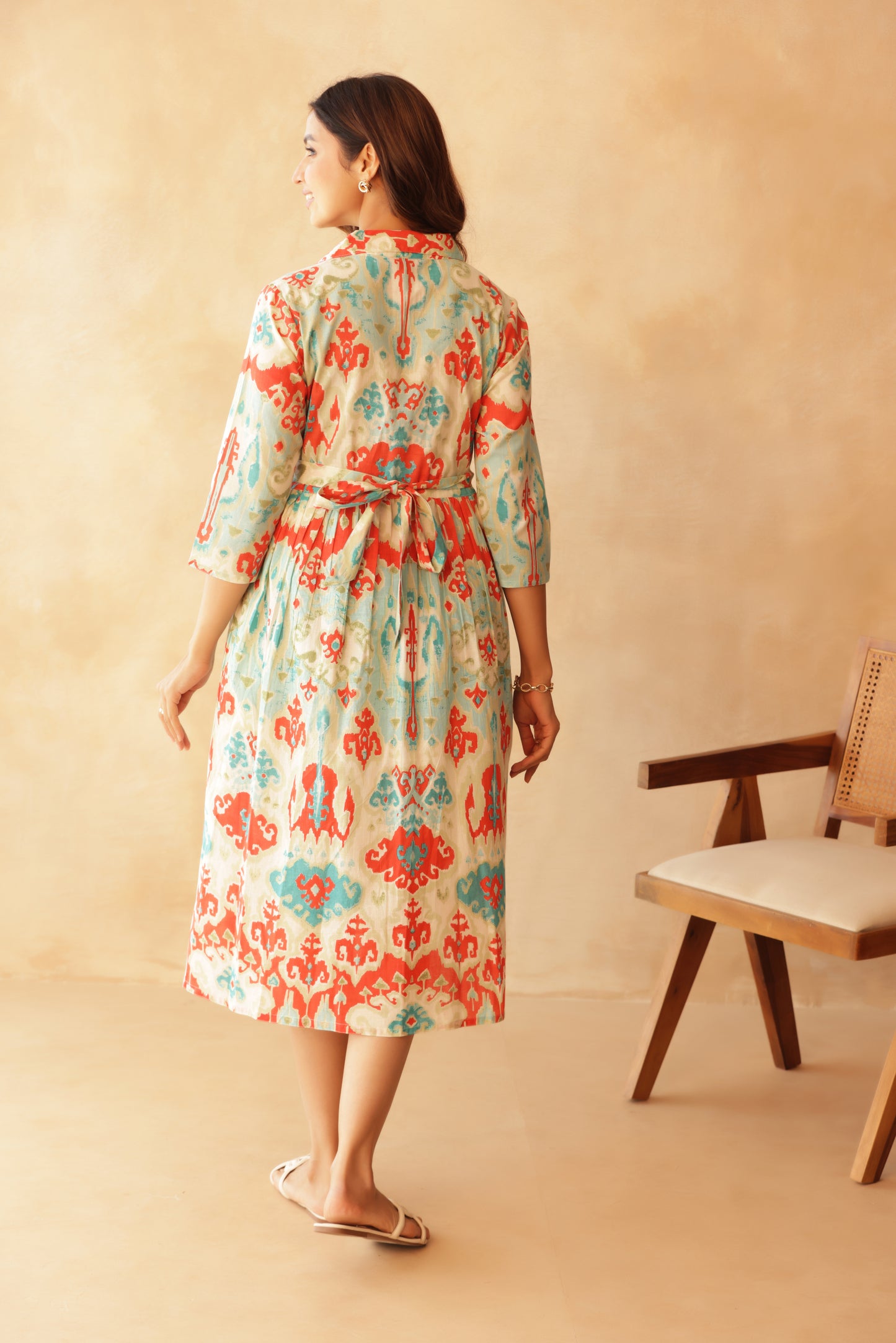 Aqua Coral Ikkat Lagoon Buttoned Maternity & Nursing Dress