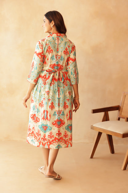 Aqua Coral Ikkat Lagoon Buttoned Maternity & Nursing Dress
