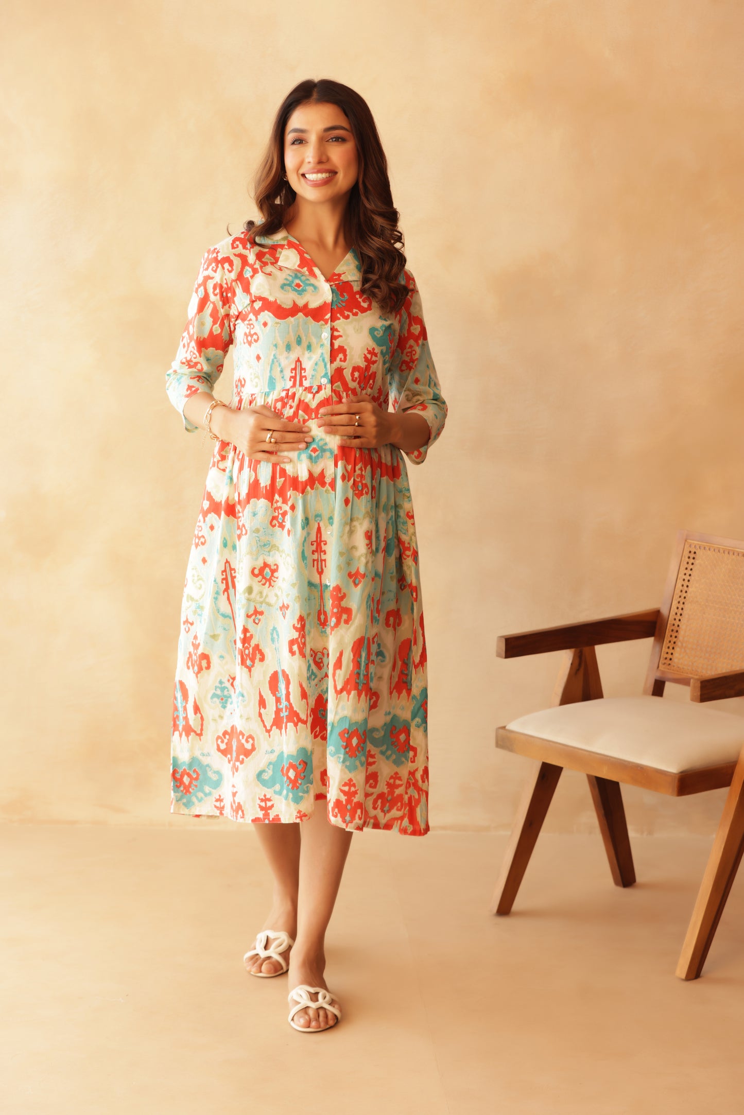 Aqua Coral Ikkat Lagoon Buttoned Maternity & Nursing Dress