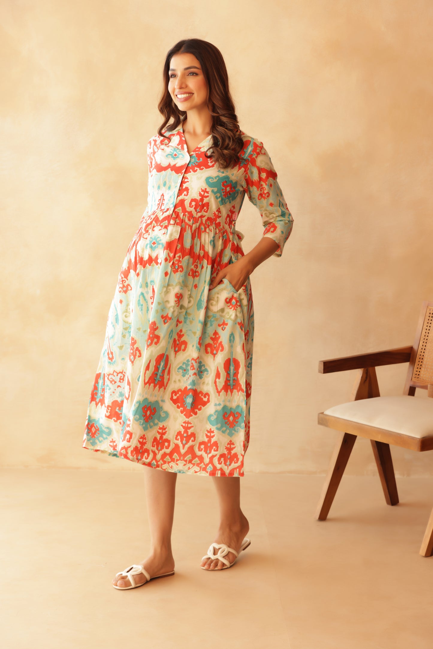 Aqua Coral Ikkat Lagoon Buttoned Maternity & Nursing Dress