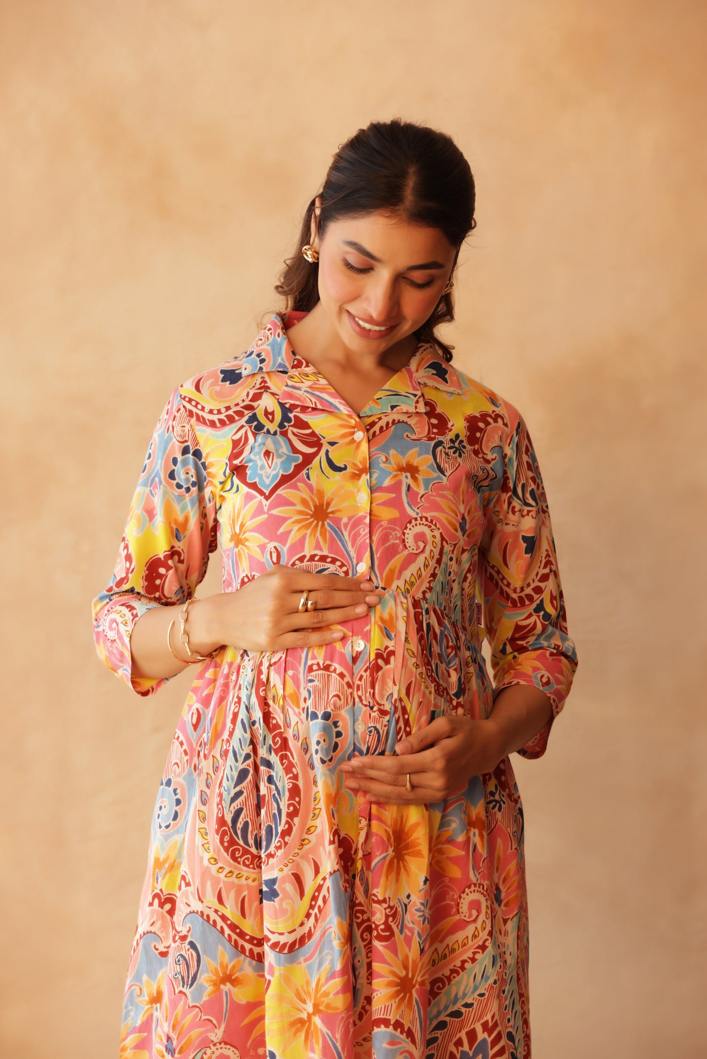 Gulabi Gulmohar Buttoned Maternity & Nursing Dress