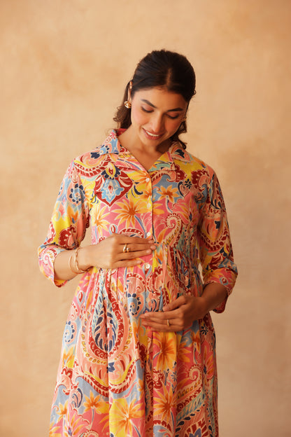 Gulabi Gulmohar Buttoned Maternity & Nursing Dress