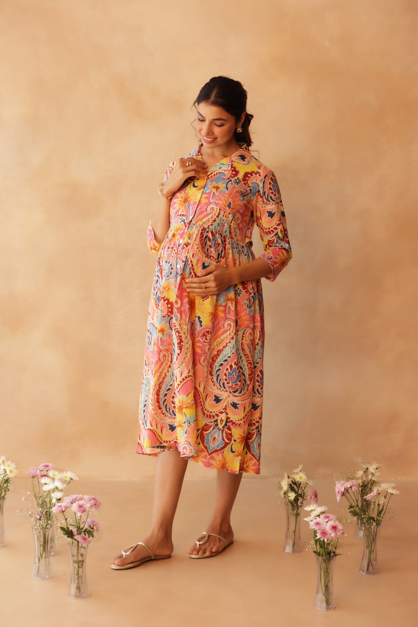 Gulabi Gulmohar Buttoned Maternity & Nursing Dress