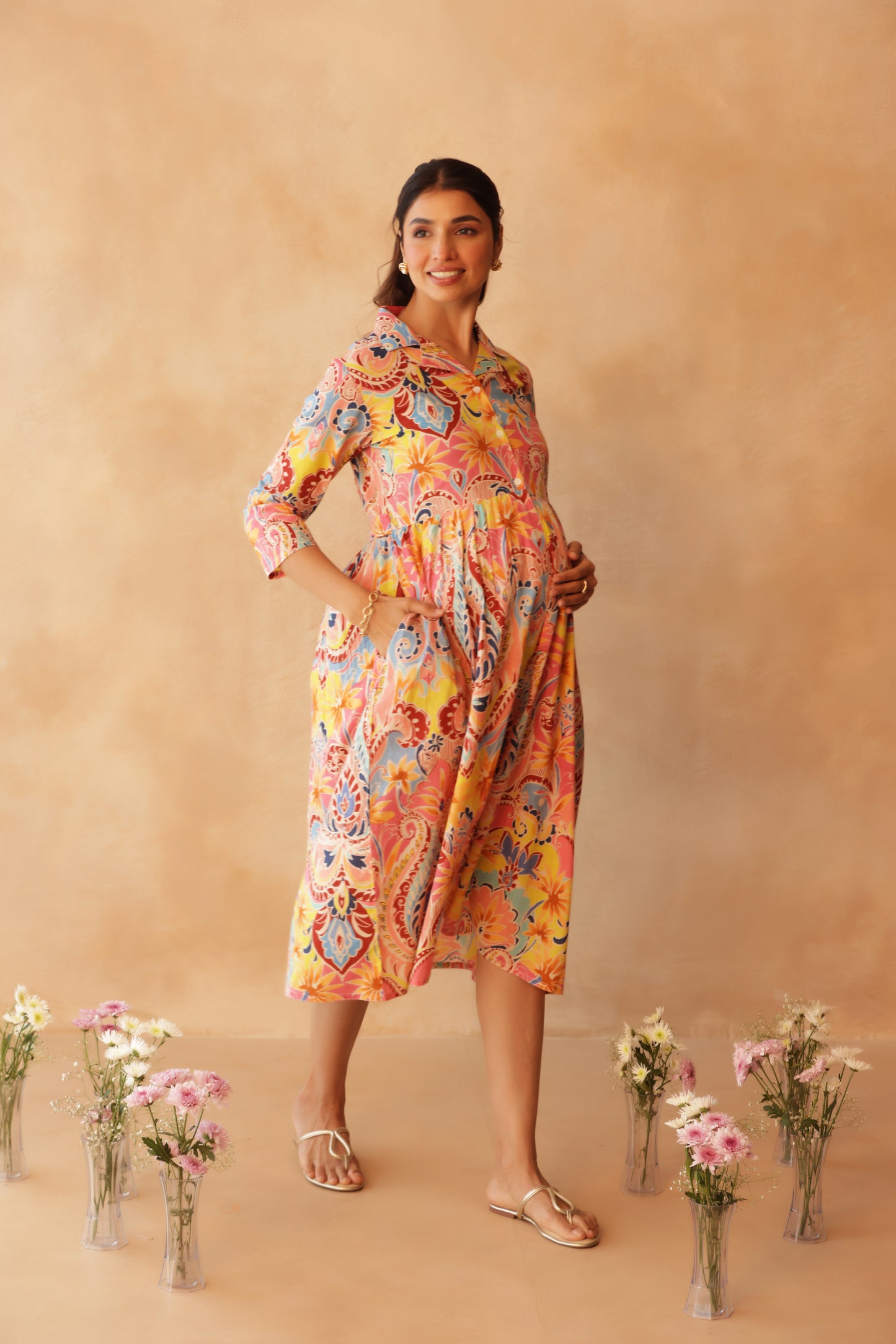 Gulabi Gulmohar Buttoned Maternity & Nursing Dress