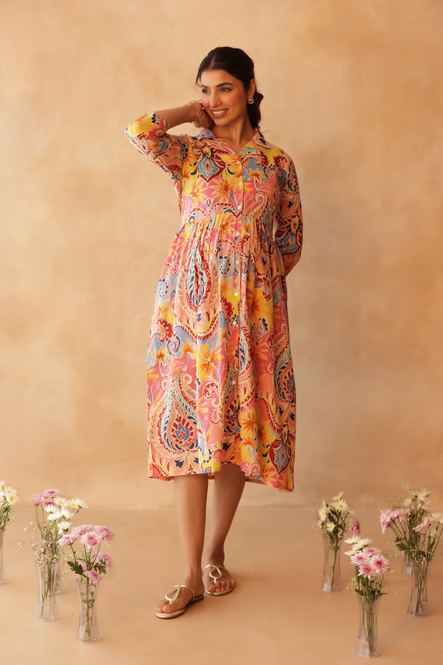 Gulabi Gulmohar Buttoned Maternity & Nursing Dress