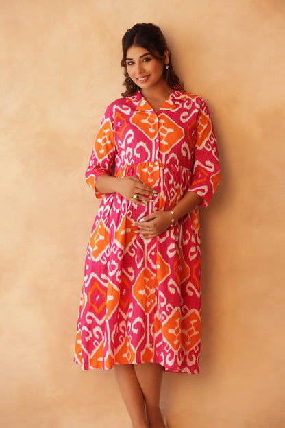 Rangmahal Ikkat Buttoned Maternity & Nursing Dress