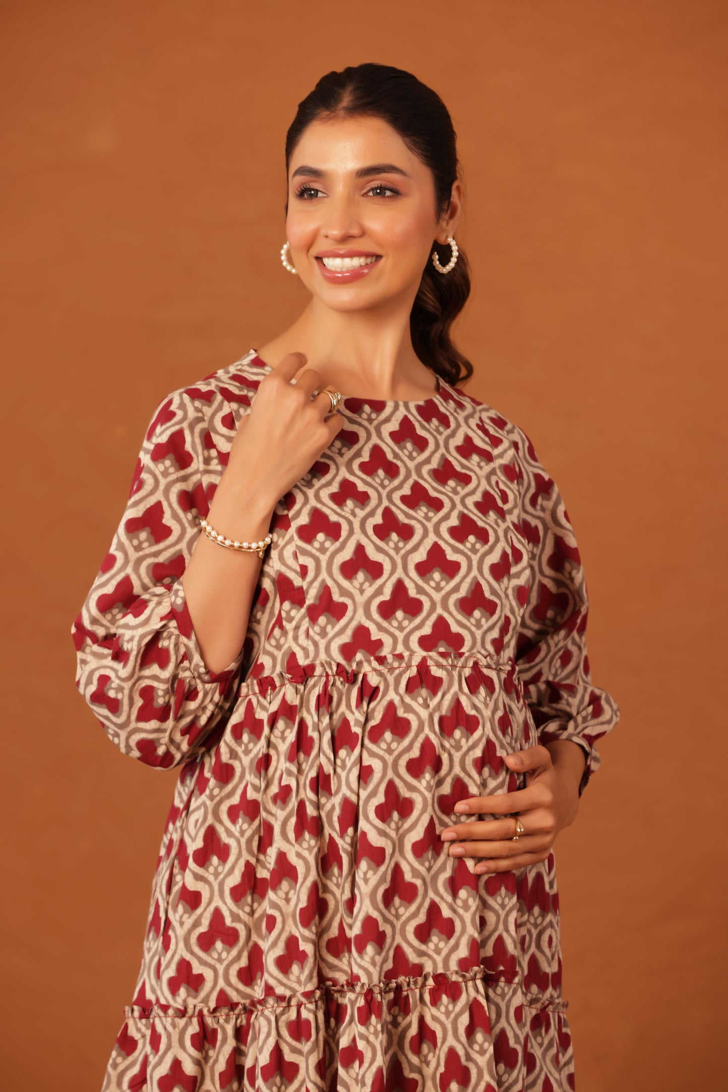 Muted Maroon Bloom Maternity & Nursing Tier Dress