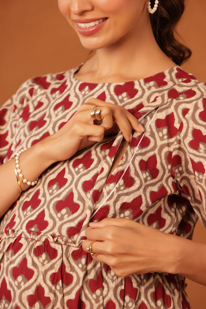 Muted Maroon Bloom  Maternity & Nursing Kurta