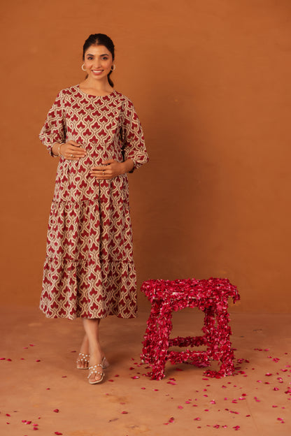 Muted Maroon Bloom Maternity & Nursing Tier Dress