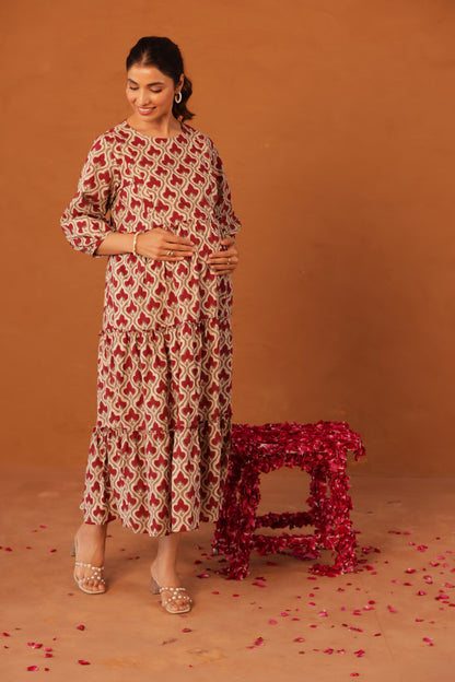 Muted Maroon Bloom Maternity & Nursing Tier Dress