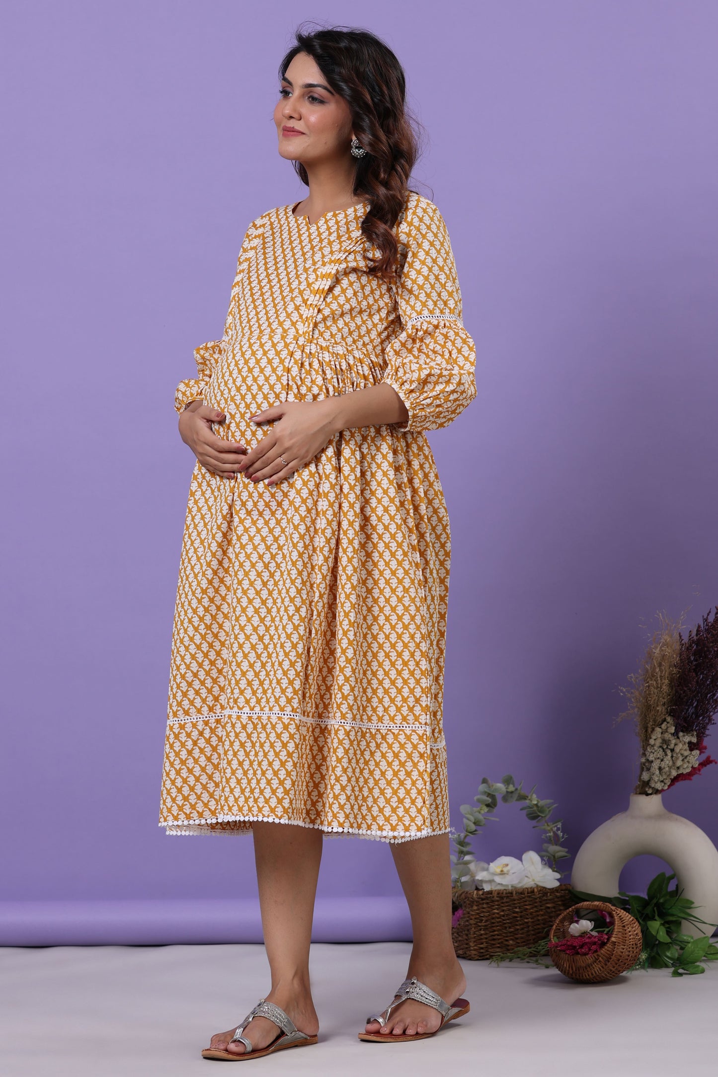 Minimalist Motif On Yellow Maternity & Nursing Dress