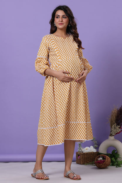 Minimalist Motif On Yellow Maternity & Nursing Dress