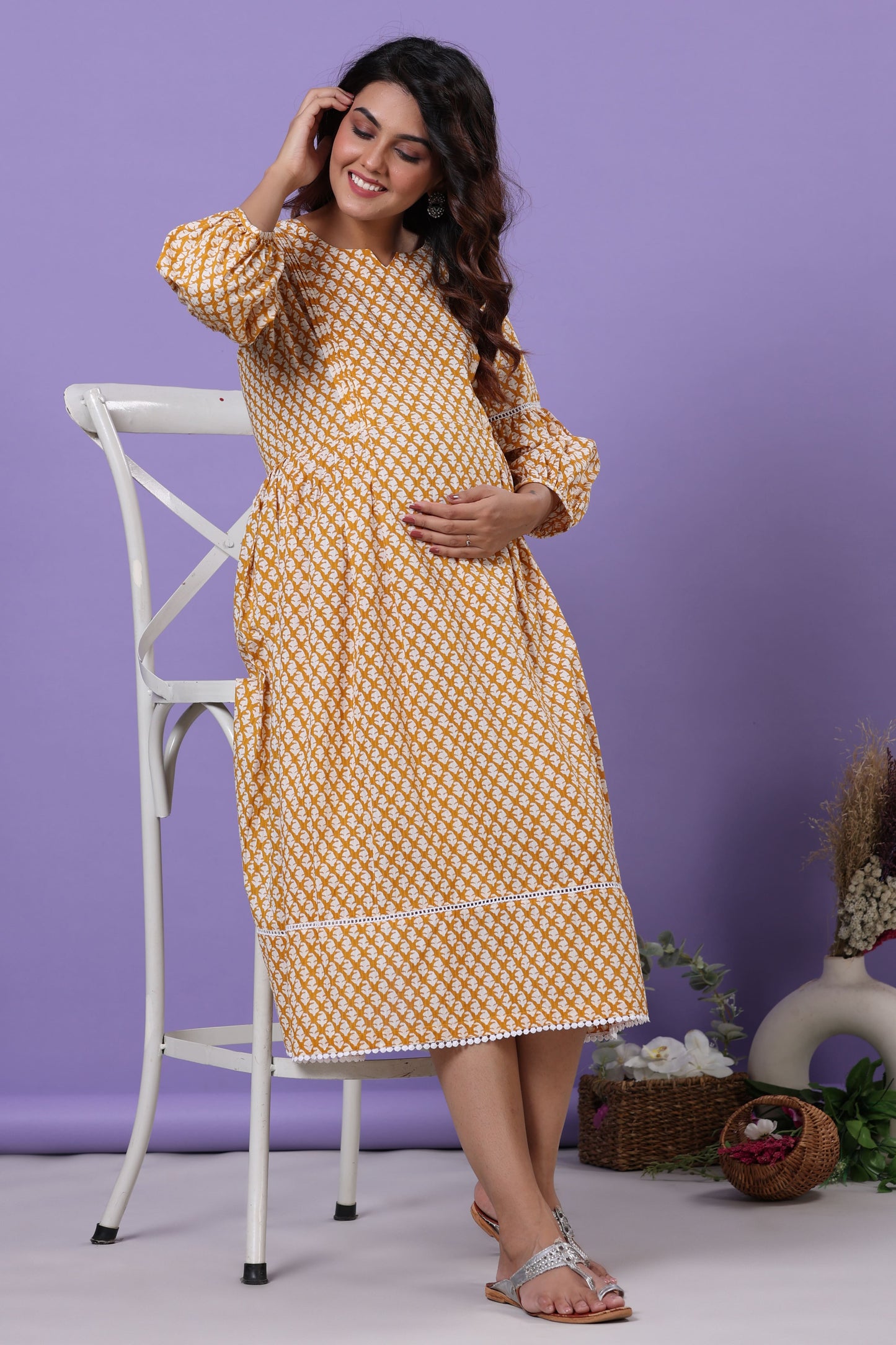 Minimalist Motif On Yellow Maternity & Nursing Dress