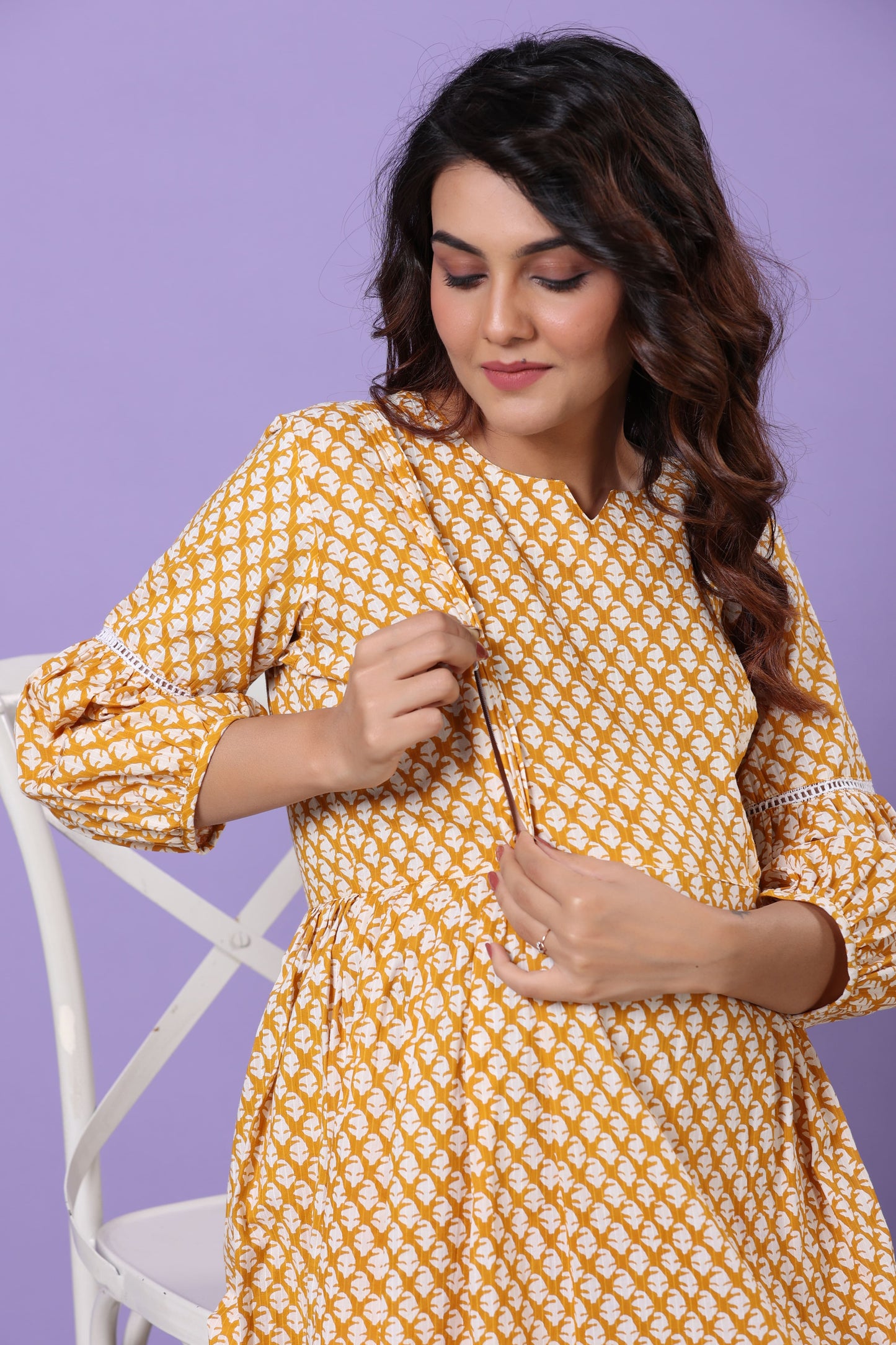 Minimalist Motif On Yellow Maternity & Nursing Dress